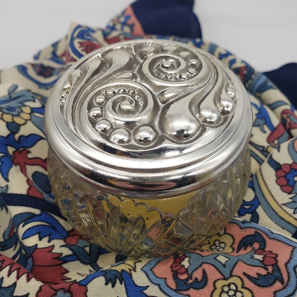 Vintage Avon Pressed Glass 3" Apothecary Jar w/ Silver Ornate Lid